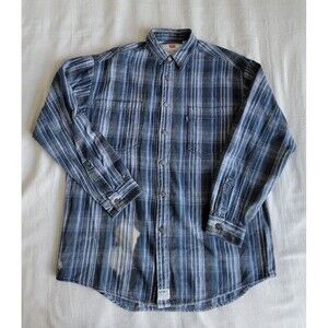 Levi Mens M Shirt Button Blue Tab Gray Stripe Cotton Bleach Grunge Vintage 90s